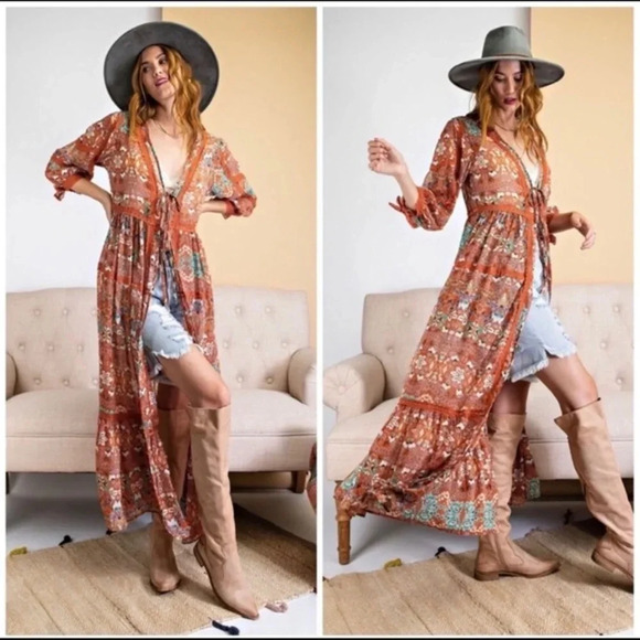 Boho Rust Floral Maxi Kimono Duster | Easel Lace Trim Fall Layering Piece | Sz M - Picture 1 of 7